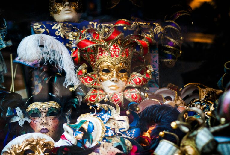 Masks set out for a masquerade ball